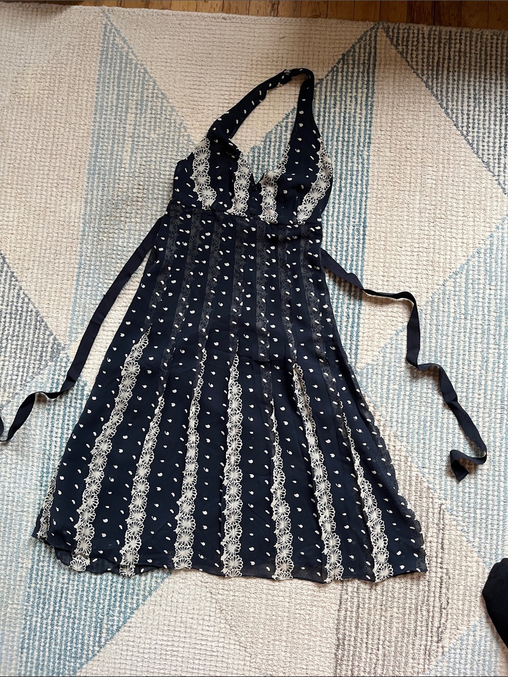 Navy Micheal Kors Halter Sundress with White Striped Flower Detail